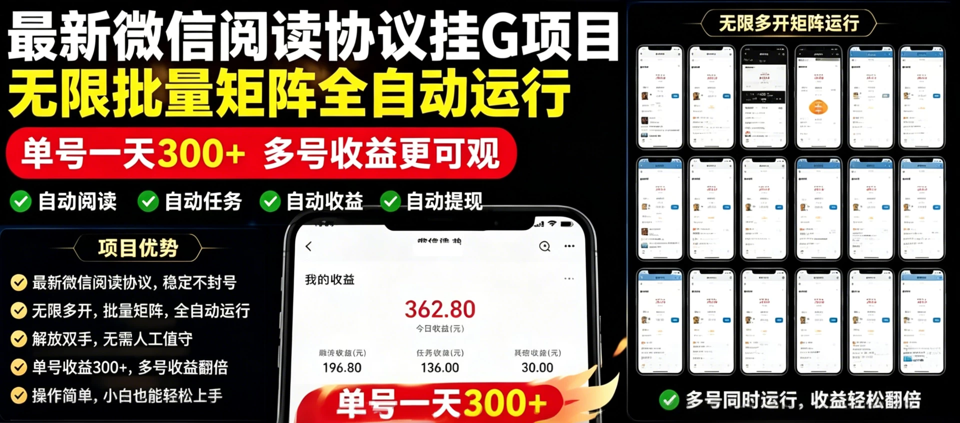 外面收费3999的最新微信阅读协议挂G项目，无限批量矩阵全自动运行，单号一天300+【脚本+使用教程】 第1张